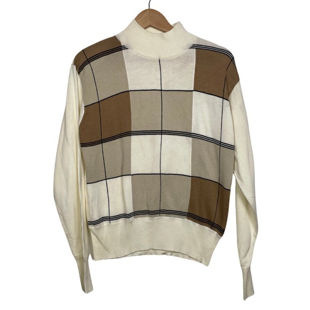 Vintage Funky Dressbarn Eclectic Grandpa Checkered Cream Sweater Size: L